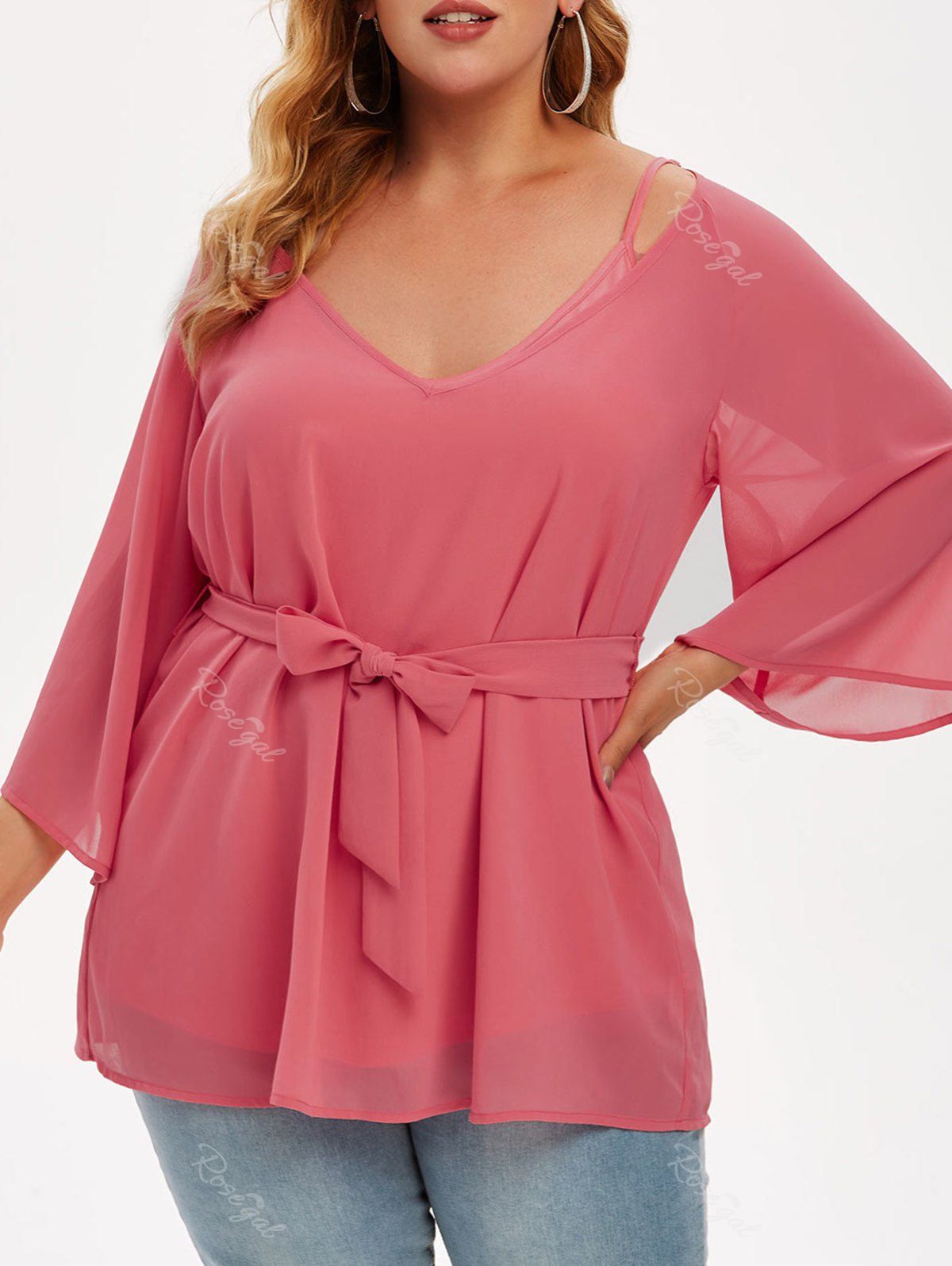 

Plus Size Cami Top And Chiffon Belted Blouse Set, Light pink