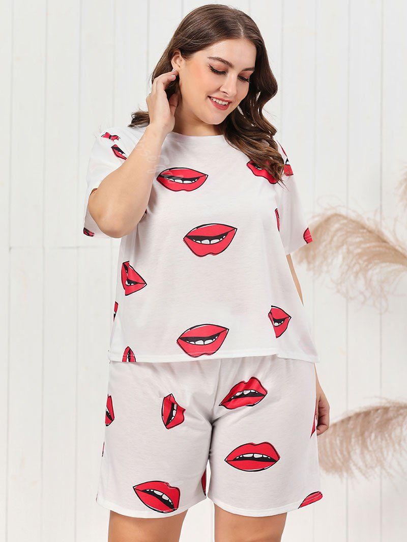 

Plus Size Lips Print Short PJ Set, White