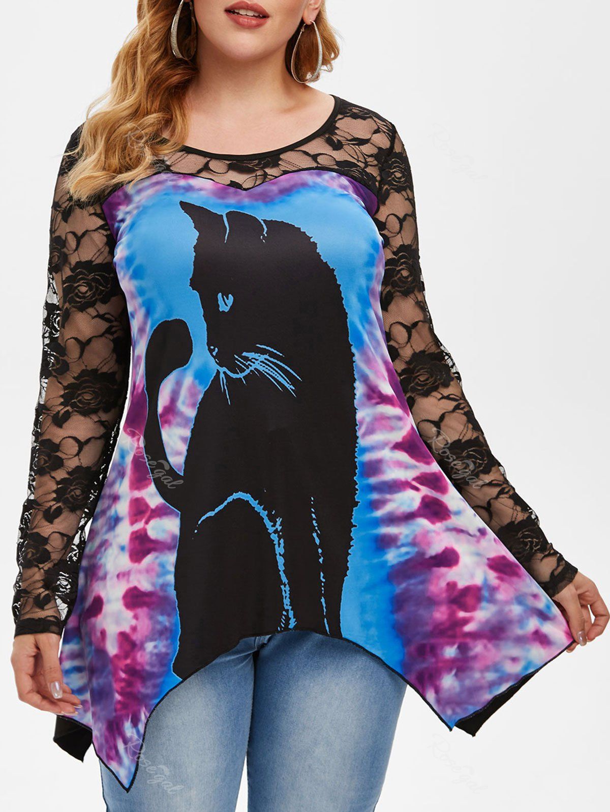 Outfits Lace Panel Tie Dye Cat Print Plus Size Top  