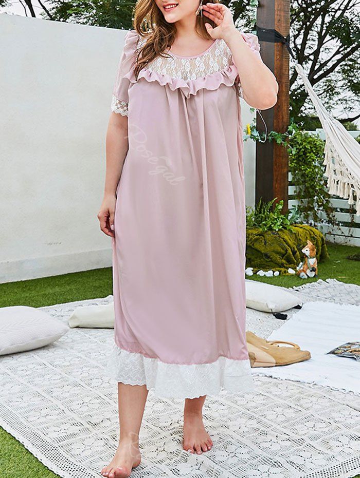 Hot Plus Size Lace Panel Ruffle Broderie Anglaise Hem Nightgown  