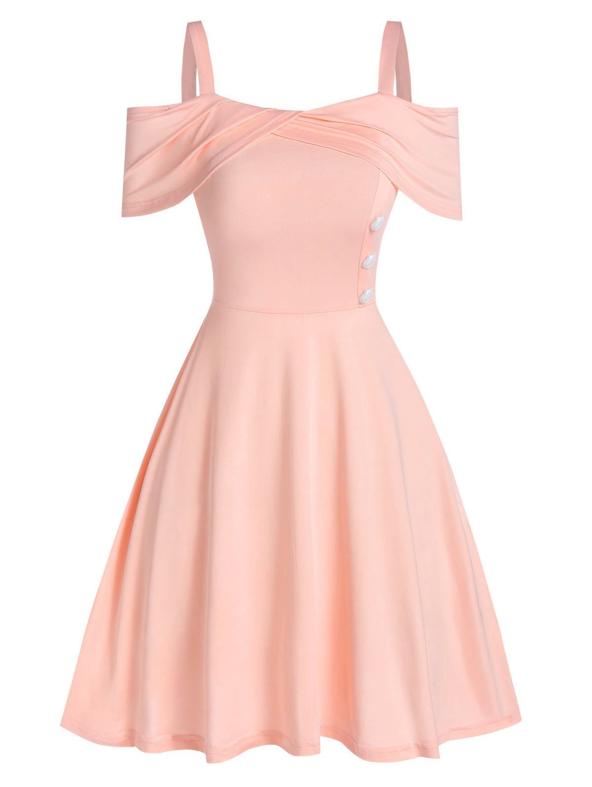

Mock Button Cold Shoulder Marled Dress, Pink