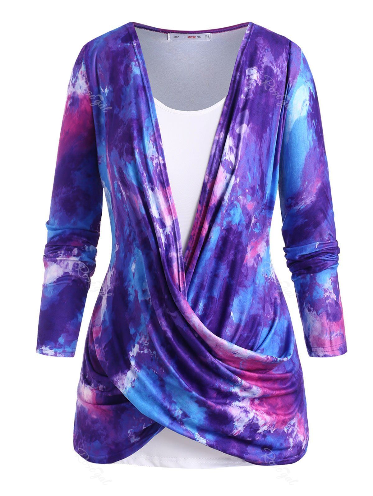 Trendy Cowl Twisted Front Tie Dye Plus Size Top Set  
