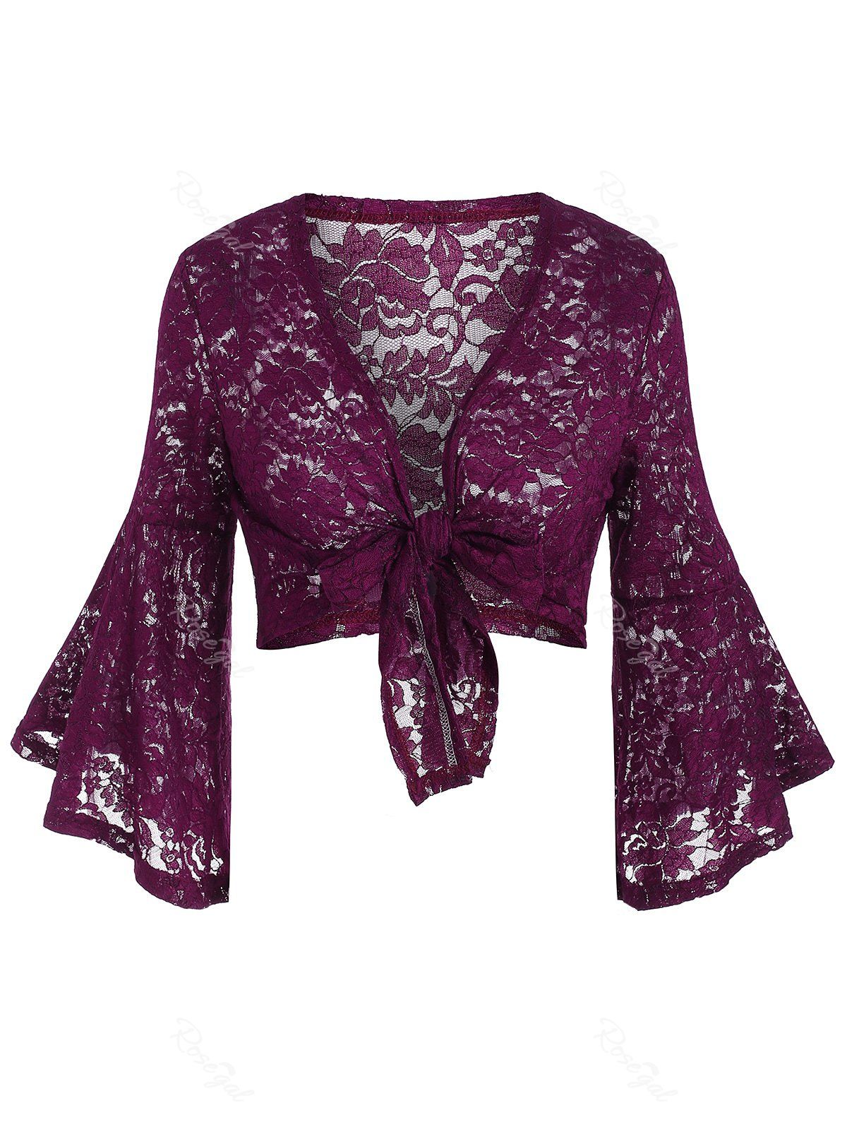 

Flare Sleeve Tie Front Lace Plus Size Cropped Blouse, Purple