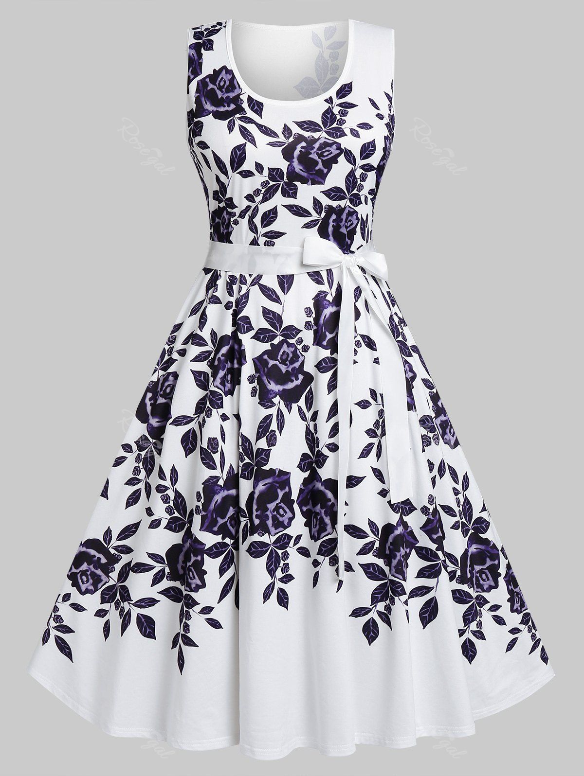 

Plus Size Flower High Waisted Belted Tank Dress, White
