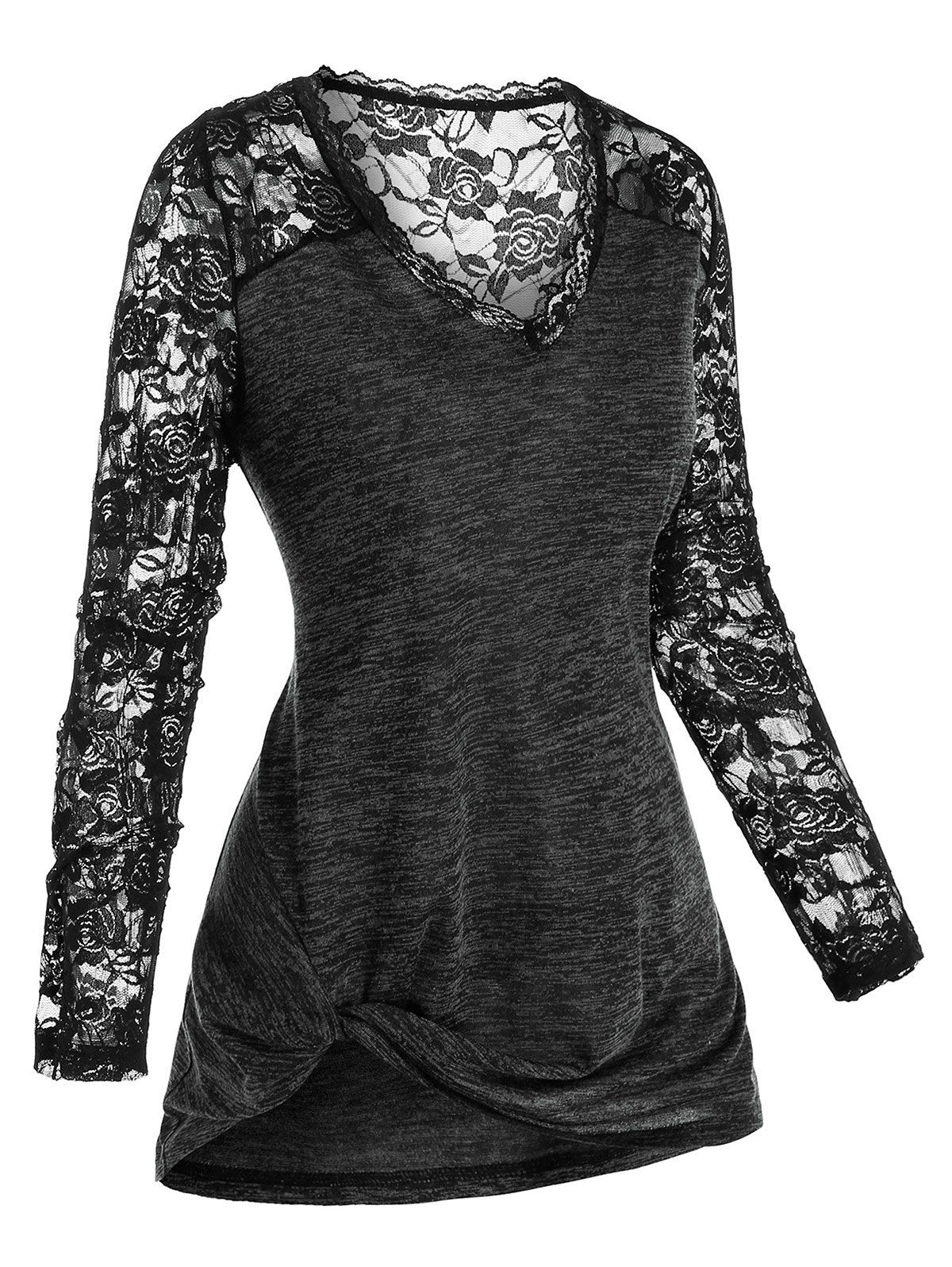 

Plus Size Lace See Thru Space Dye Long Sleeve Tee, Ash gray