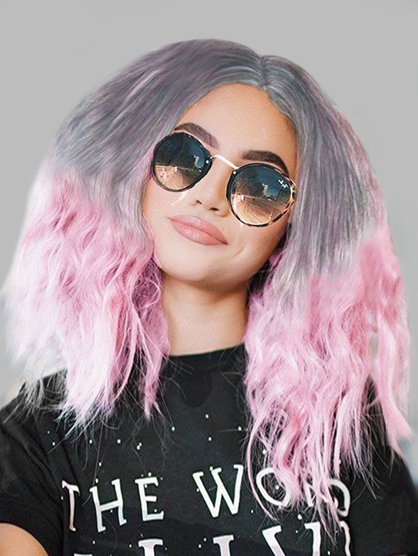 

Gradient Fluffy Medium Center Part Wavy Synthetic Wig, Pig pink