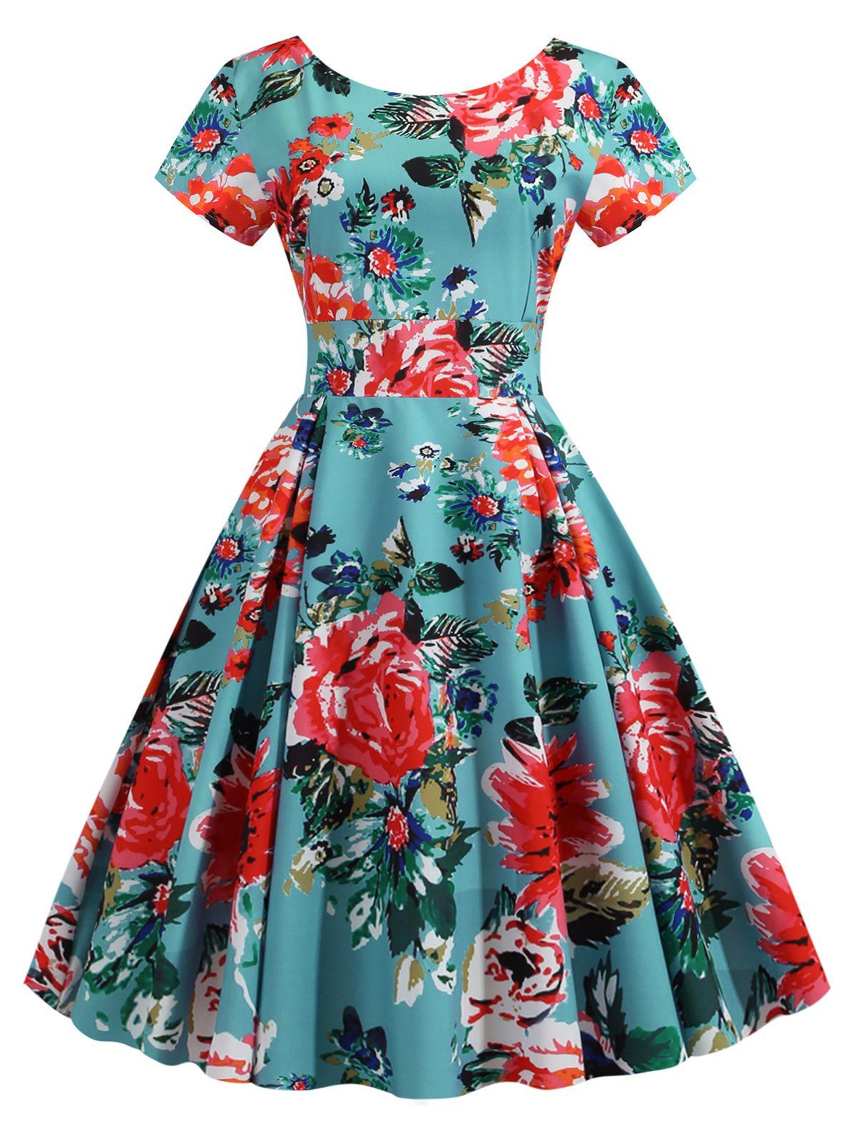 

Floral Pleated Detail A Line Dress, Deep green