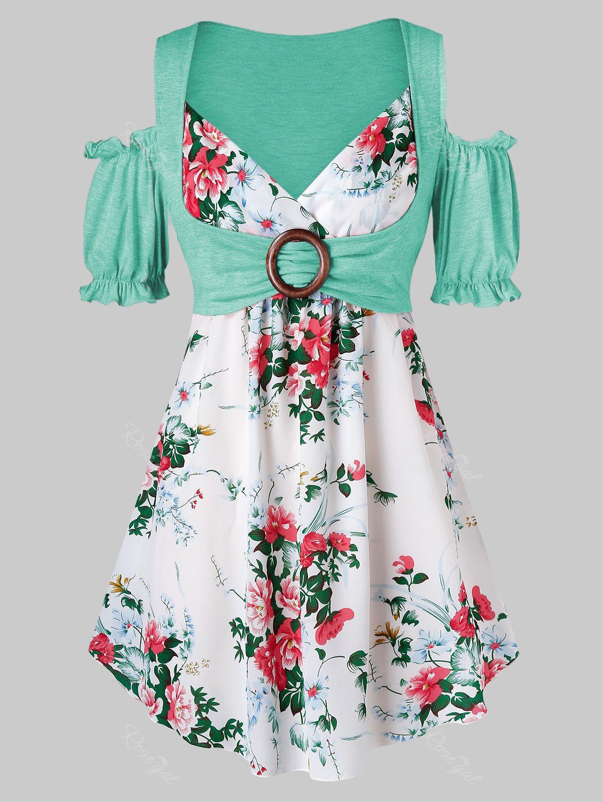 

Plus Size Flower Print Cold Shoulder Frilled Curved Tee, Light aquamarine