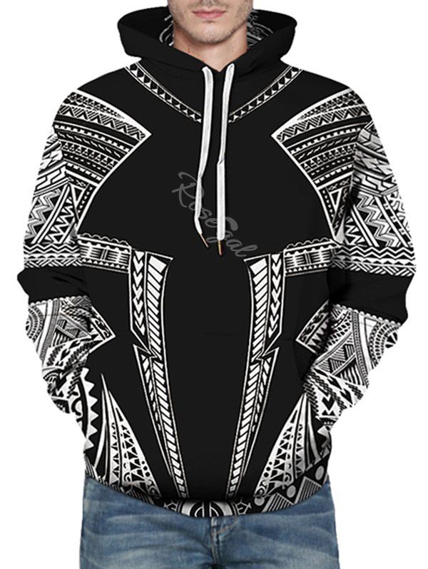 

Seamless Tribal Pattern Front Pocket Drawstring Hoodie, Black