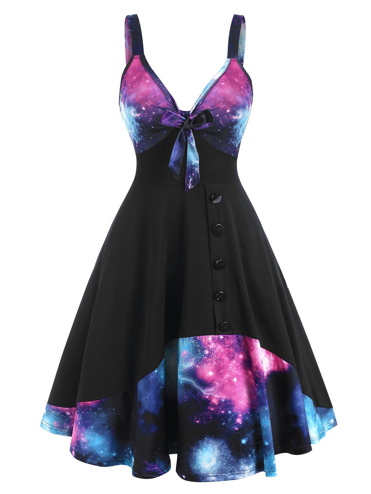 

Galaxy Print Bowknot Buttons A Line Dress, Black
