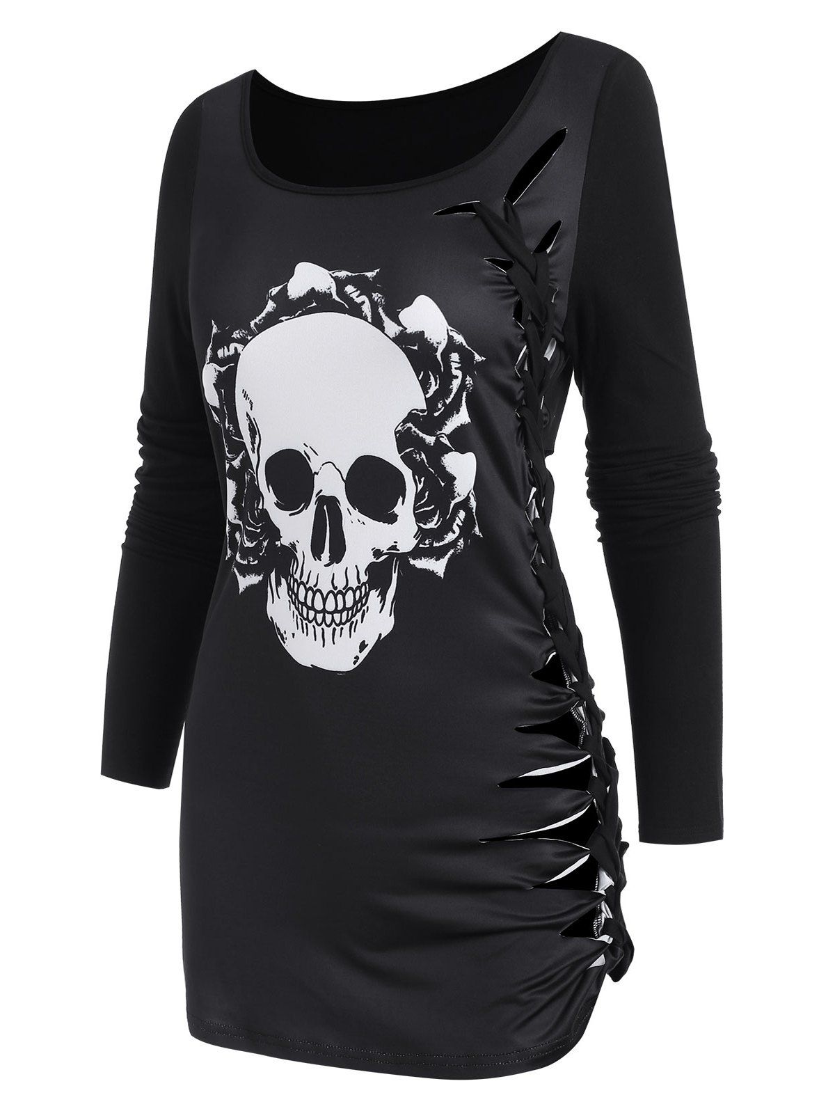 

Skull Graphic Cutout Braided Long Sleeve T Shirt, Black