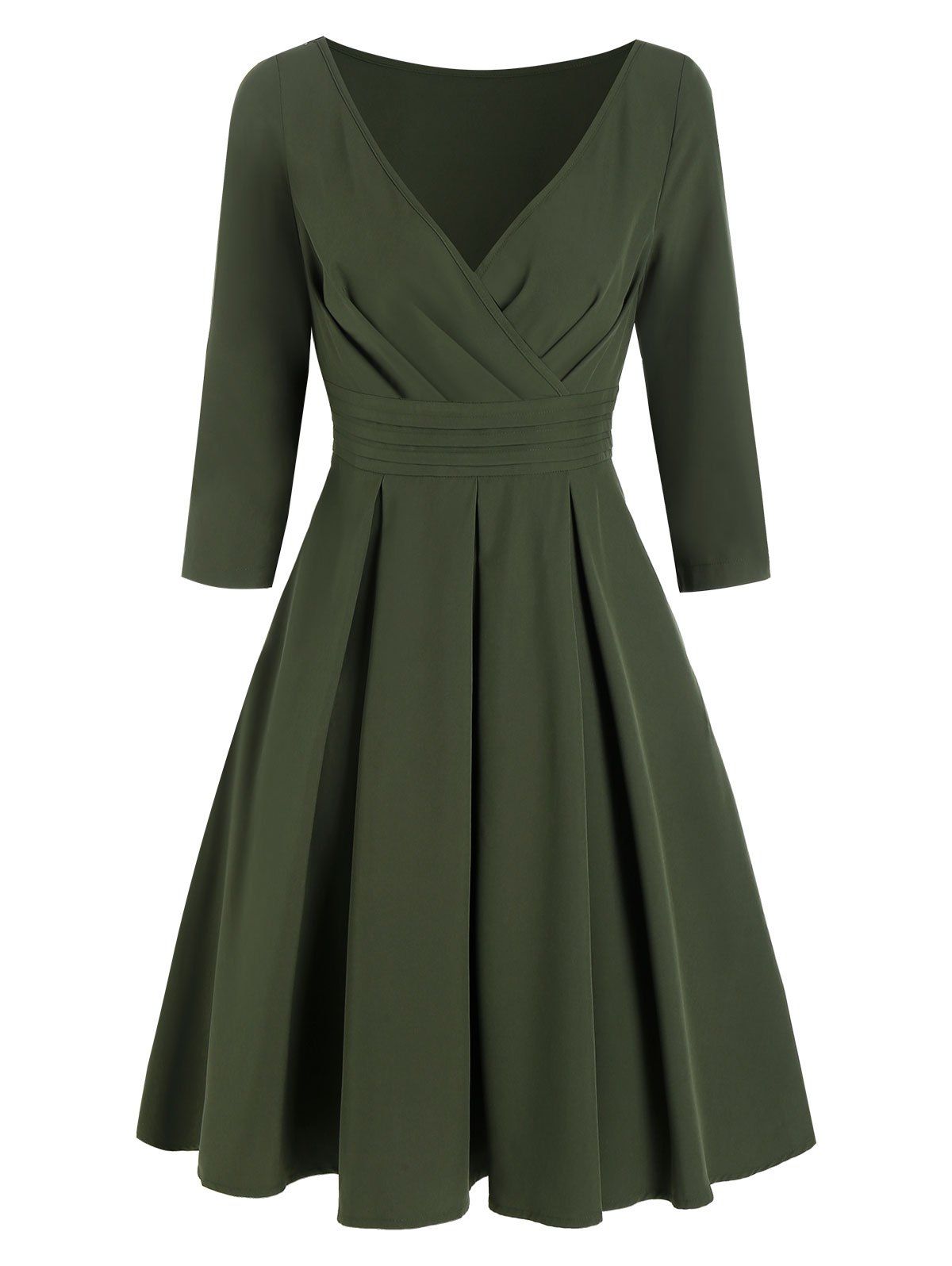 

V Neck Pleated Empire Waist Mini Vintage Dress, Army green
