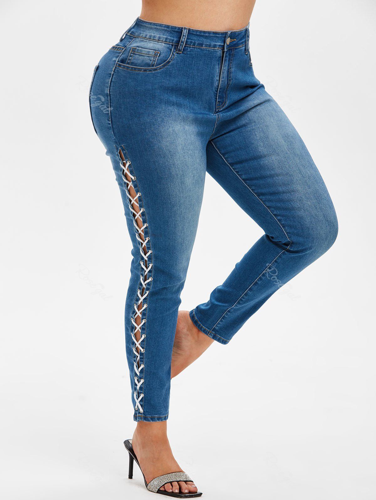 Best Plus Size Lace Up Faded Jeans  
