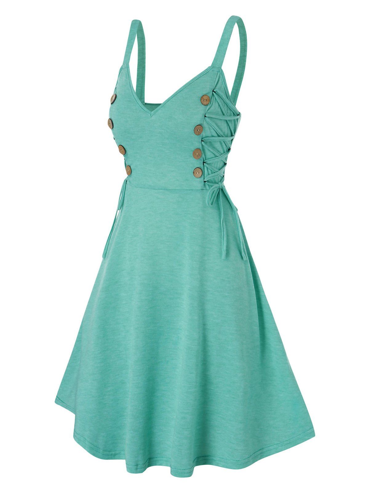 

Mock Button Side Lace Up Mini Cami Dress, Aquamarine