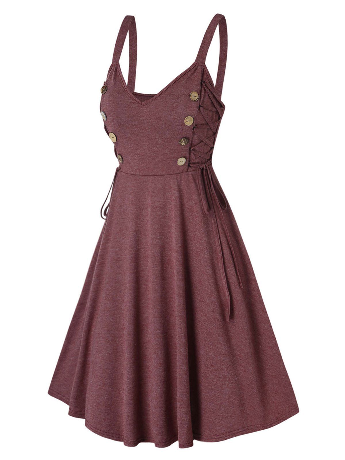 

Mock Button Side Lace Up Mini Cami Dress, Deep red