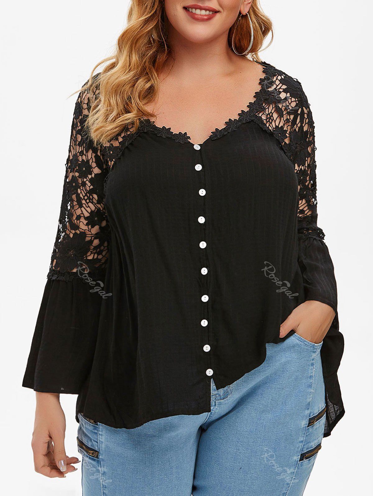 

Button Loop V Neck Crochet Lace Plus Size Blouse, Black
