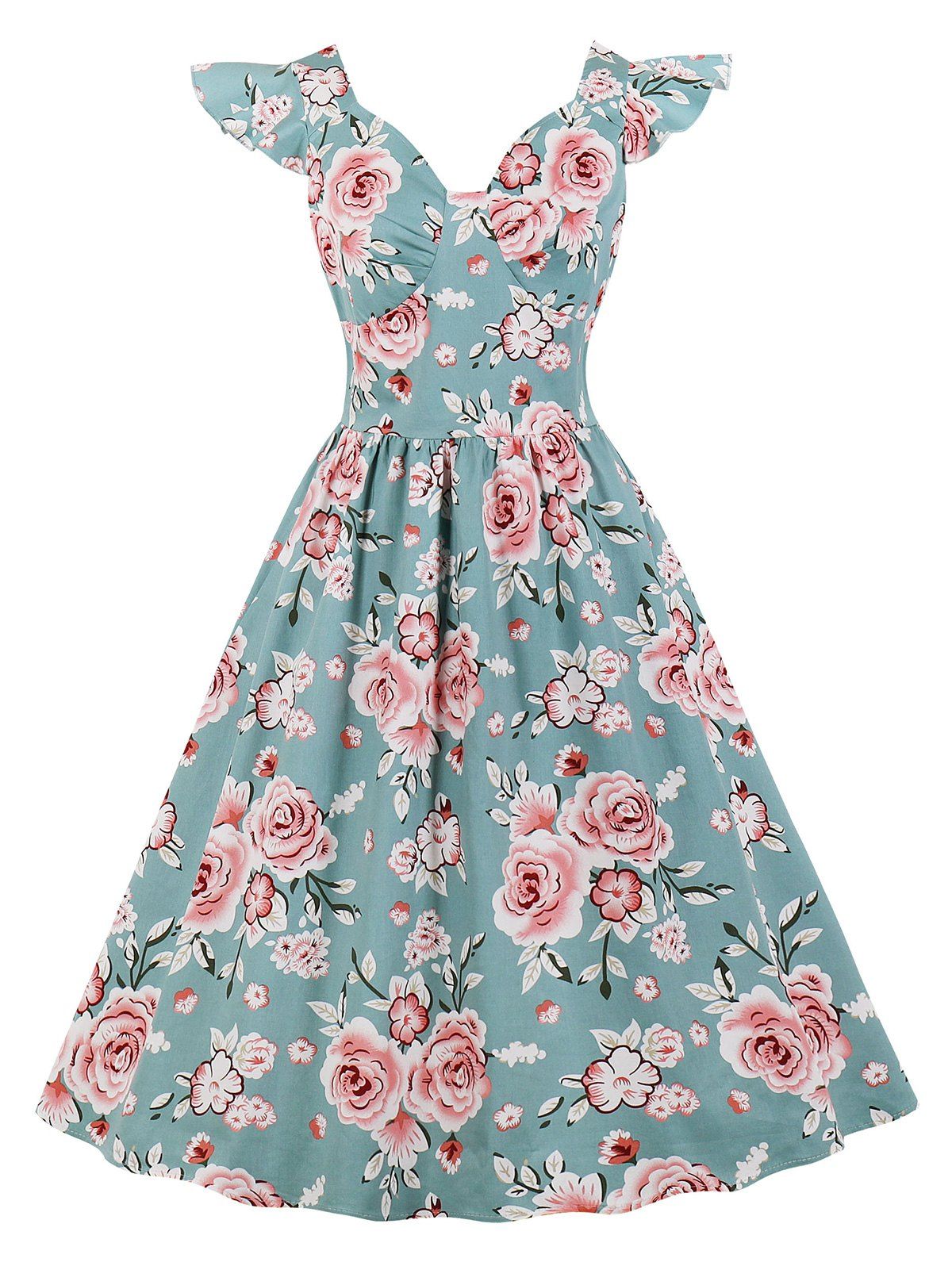 

Vintage High Waisted Floral Dress, Light blue