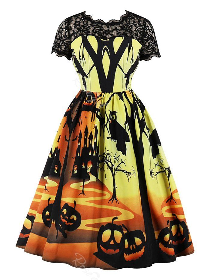 Sale Halloween Pumpkin Spider Print Lace Panel Vintage Dress  
