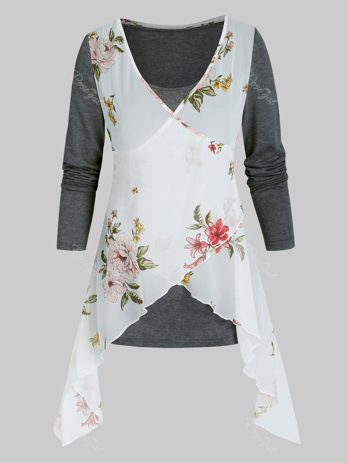 

Floral Print 2 in 1 Layered Asymmetrical T Shirt, Multi-a