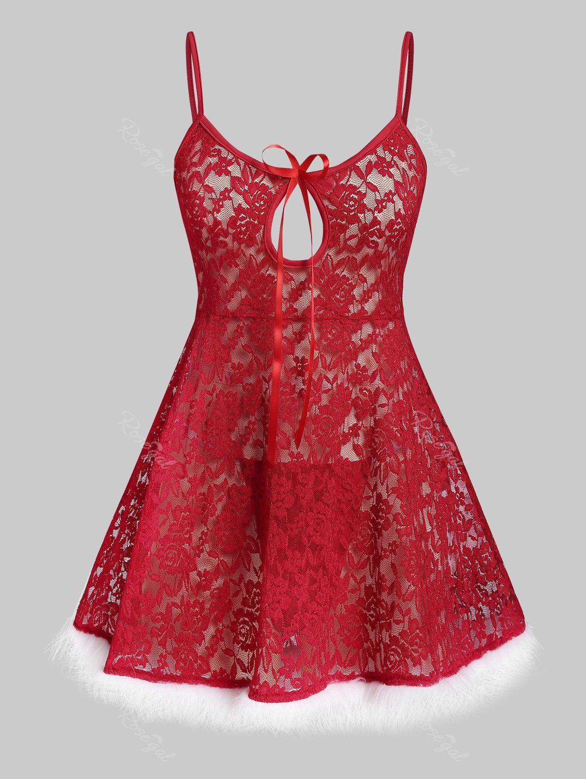 

Keyhole Faux Fur Insert Lace Babydoll Set, Red
