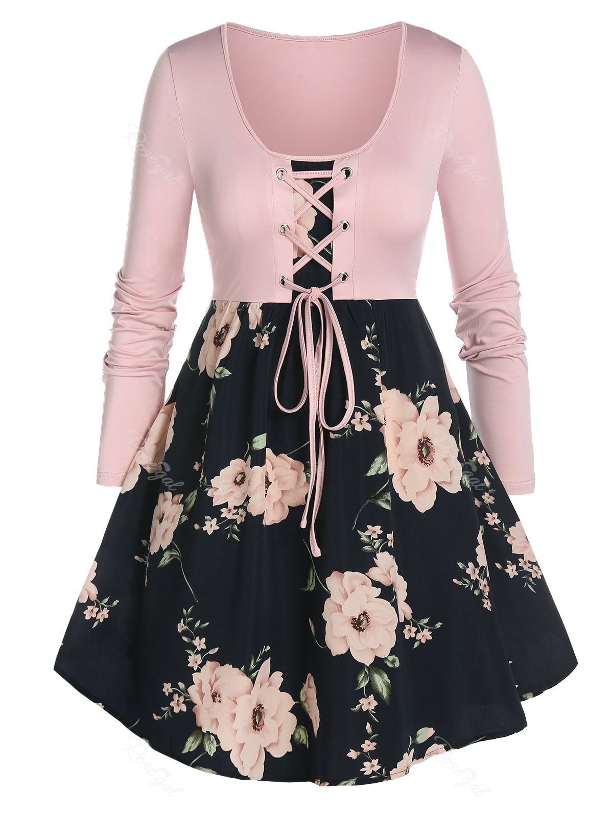 

Plus Size Lace-up Flower Print T-shirt, Rosy brown