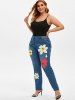 Plus Size Button Fly Floral Print Jeans -  
