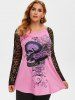 Plus Size Halloween Lace Sleeve Skull Print T Shirt -  