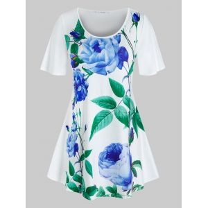 

Plus Size Floral Leaves Print Swing T Shirt, White
