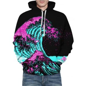

Colorful Great Wave Pattern Front Pocket Casual Hoodie, Black