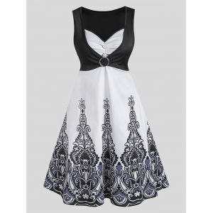 

O Ring Ruched Printed A Line Dress, Black