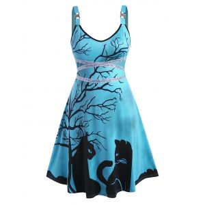 

Tree Cat Print Rhinestone Sequins Halloween Plus Size Dress, Blue