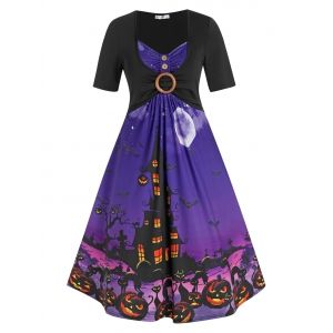 

Plus Size Halloween O Ring Pumpkin Castle Print Dress, Black