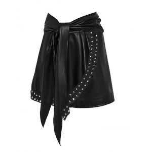 

Rivet Detail Asymmetric Self Tie Faux Leather Skirt, Black