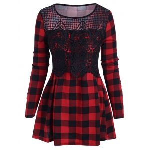 

Plaid Crochet Lace Panel Long Sleeve Top, Red