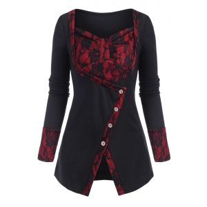 

Lace Panel Ruched Detail Long Sleeve Top, Black