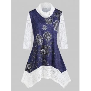 

Plus Size Cowl Collar Lace Insert Floral Handkerchief Tee, Deep blue