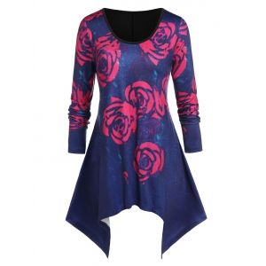 

Plus Size Flower Pattern Handkerchief Long Sleeve Tee, Black