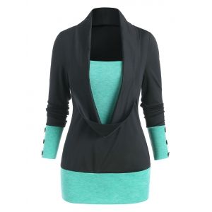 

Contrast Color Button Cowl Front 2 in 1 T Shirt, Multi a