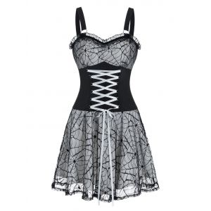 

Sleeveless Lace-up Halloween Spider Web Lace Dress, Black