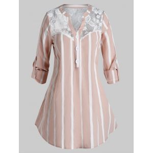 

Plus Size Striped Lace Panel Button Casual Blouse, Pink rose