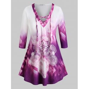 

Plus Size Ombre Color Lace Up Printed Tee, Purple
