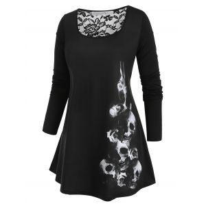 

Plus Size Halloween Skull Print Lace Insert Tee, Black