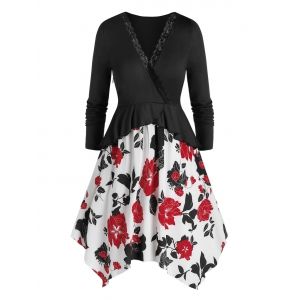 

Plus Size Colorblock Floral Flounce Wrap T-shirt, Black