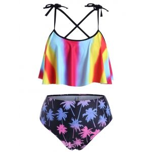 

Tie Shoulder Rainbow Stripes Palm Tree Plus Size Tankini Swimwear, Multi