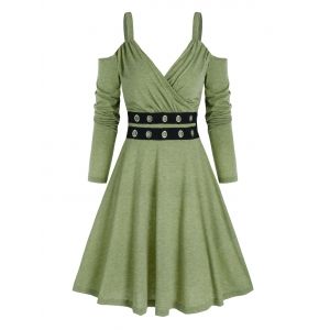

Cold Shoulder Grommet Mini A Line Dress, Light green