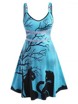 Tree Cat Print Rhinestone Sequins Halloween Plus Size Dress - BLUE - L