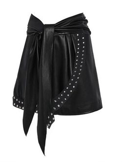 Rivet Detail Asymmetric Self Tie Faux Leather Skirt - BLACK - XL