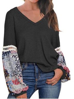 Lantern Sleeve Ethnic Print Casual Sweater - BLACK - S