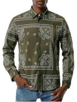 Paisley Pattern Vintage Long Sleeve Shirt - ARMY GREEN - S