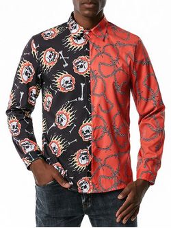 Contrast Skull Chain Print Leisure Long Sleeve Shirt - RED - L